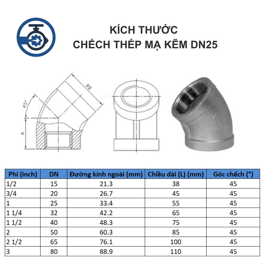 Chếch thép mạ kẽm DN25 11 Kích thước Chếch thép mạ kẽm DN25