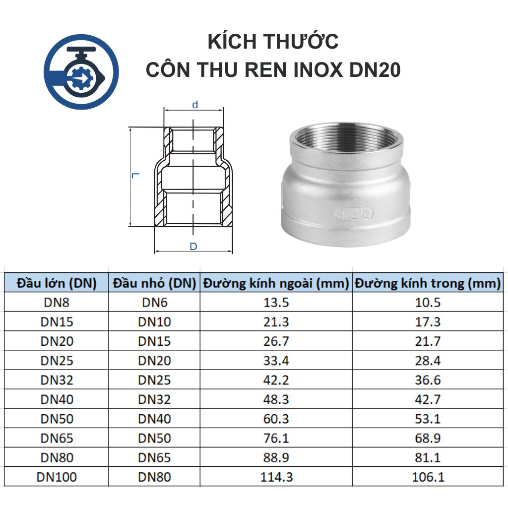 Côn thu ren inox DN20 (Phi 27 - 3/4