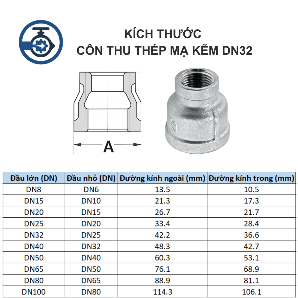 Côn thu thép mạ kẽm DN32 11 Kích thước Côn thu thép ma kẽm DN32