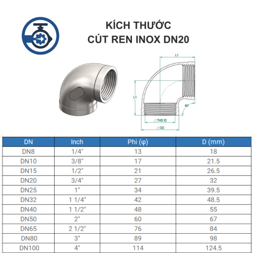 Cút ren inox DN20 (Ø27 - 3/4