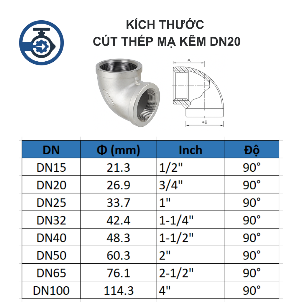 Cút thép mạ kẽm DN20 11 Kích thước Cút thép mạ kẽm DN20