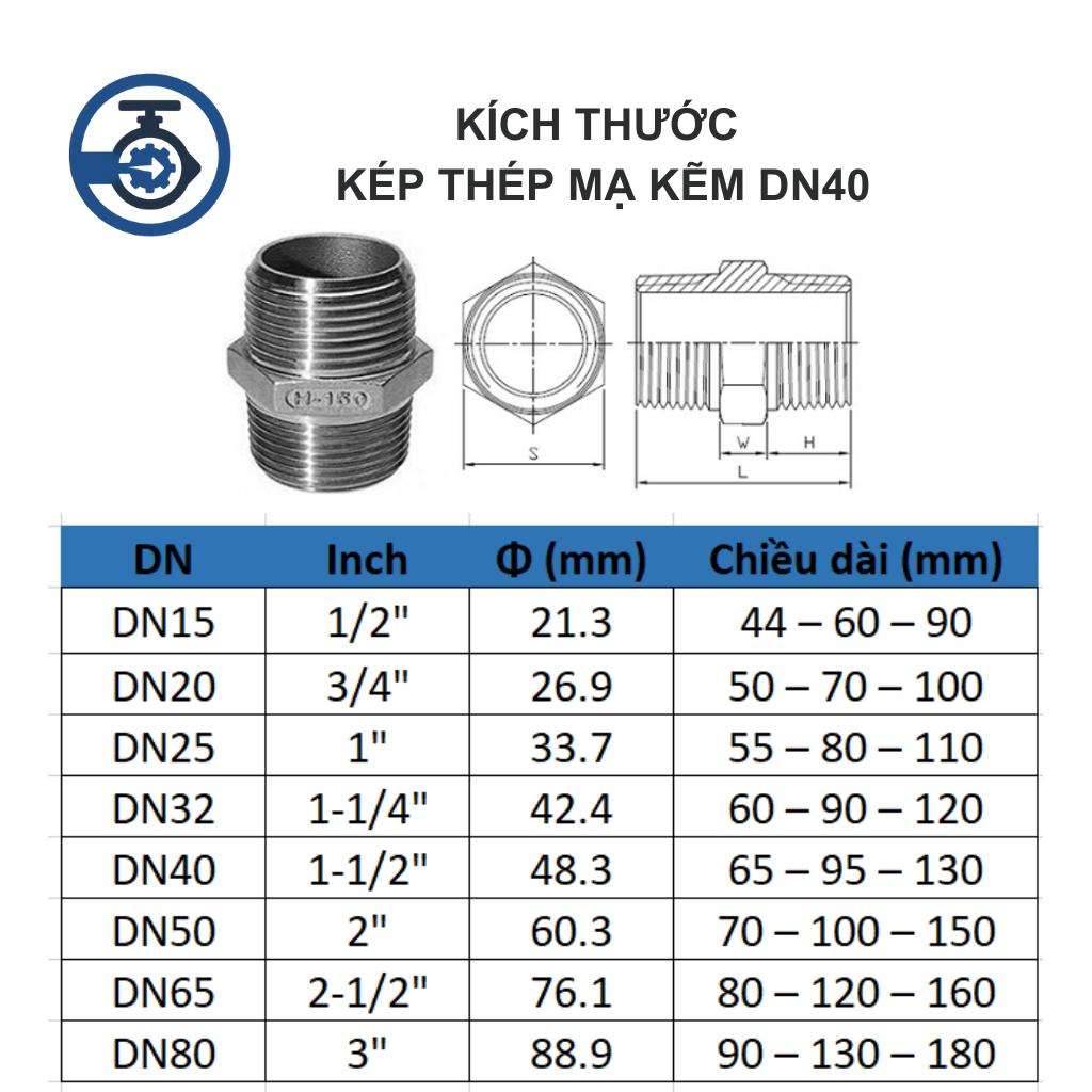 Kép thép mạ kẽm DN40 12 Kích thước Kép thép mạ kẽm DN40