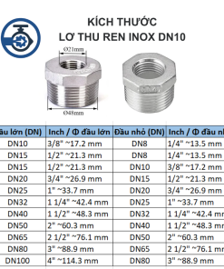 Kích thước Lơ thu ren inox DN10