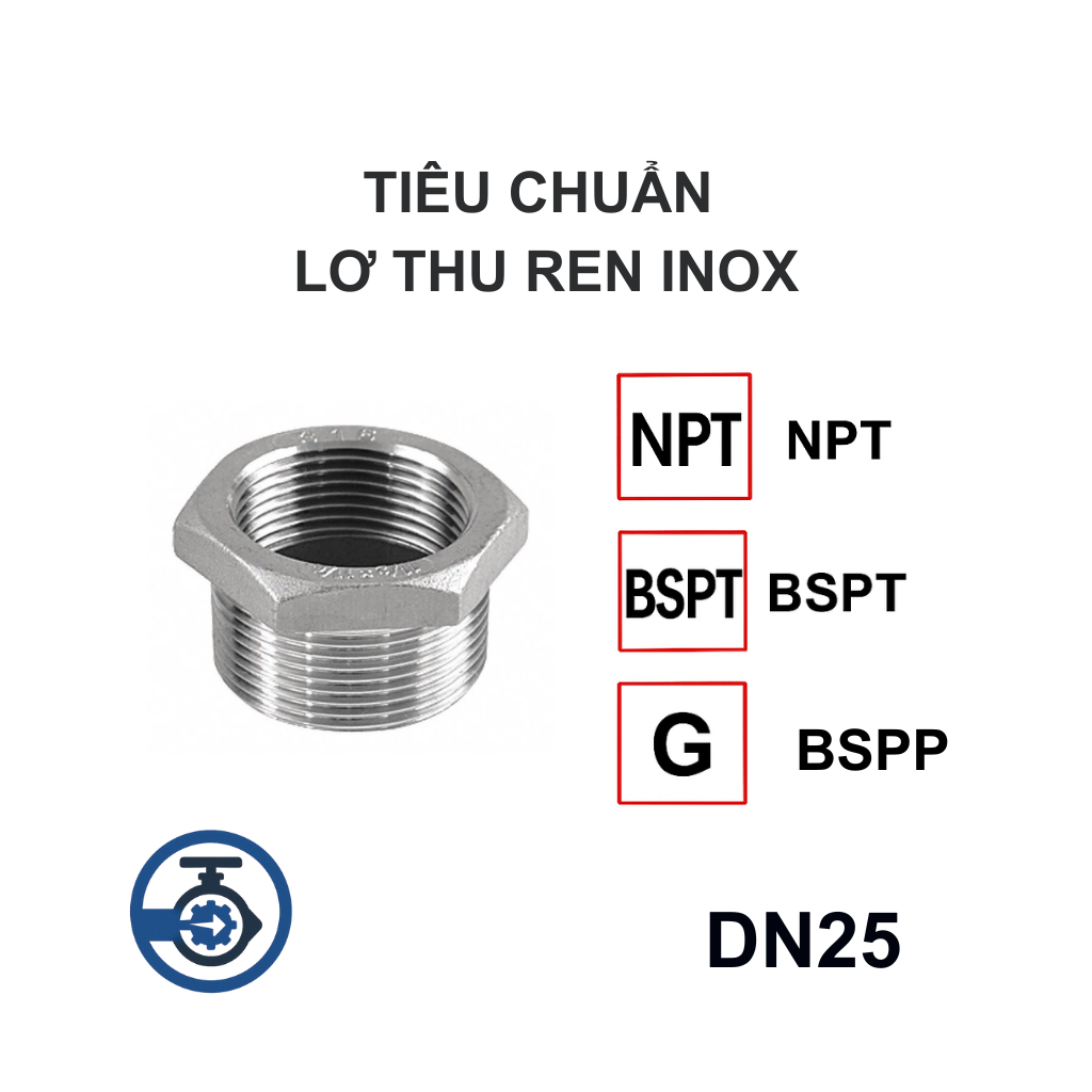 Lơ thu ren inox DN25 12 Tiêu chuẩn Lơ thu ren inox DN25