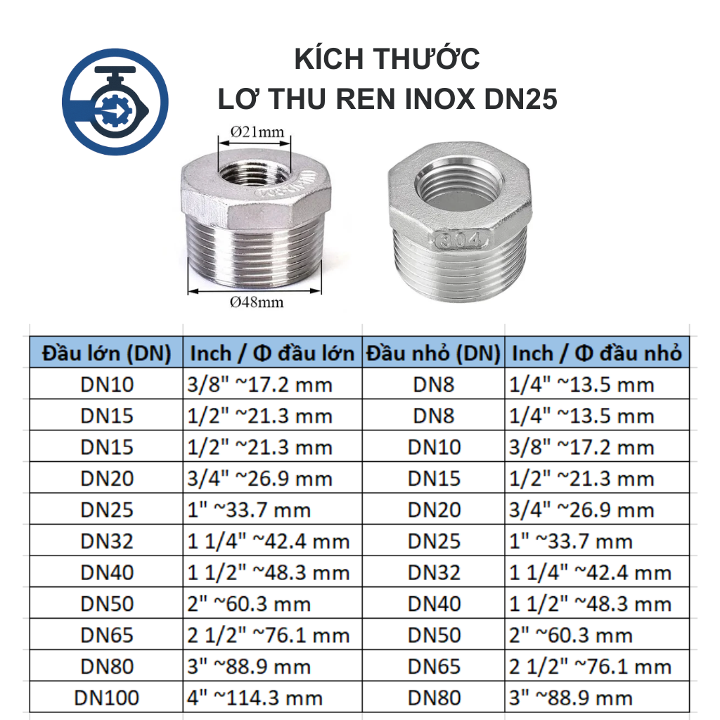 Lơ thu ren inox DN25 11 Kích thước Lơ thu ren inox DN25