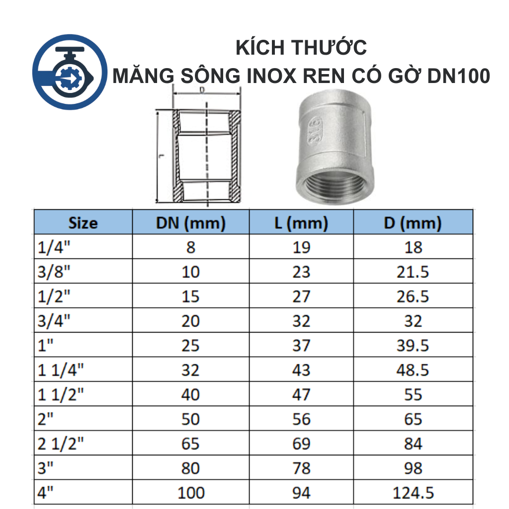 Măng sông Inox ren có gờ DN100 11 Kích thước Măng sông Inox ren có gờ DN100
