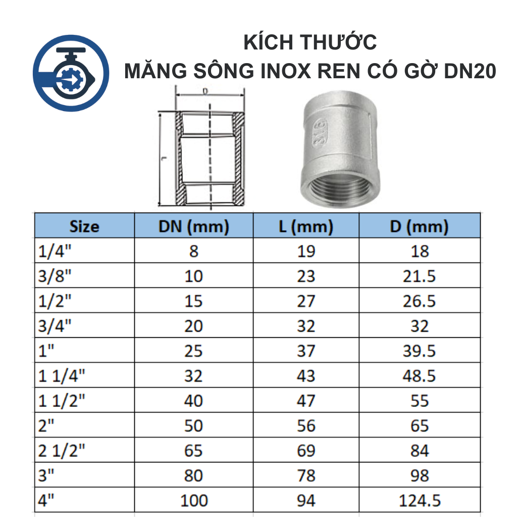 Măng sông Inox ren có gờ DN20 11 Kích thước Măng sông Inox ren có gờ DN20