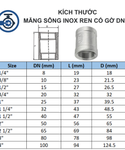 Kích thước Măng sông Inox ren có gờ DN80