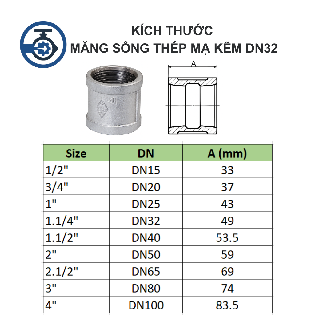 Măng sông thép mạ kẽm DN32 11 Kích thước Măng sông thép mạ kẽm DN32