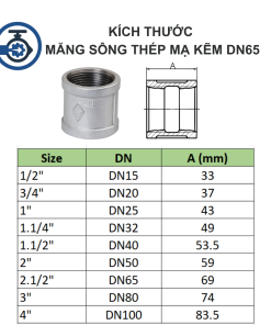 Kích thước Măng sông thép mạ kẽm DN65