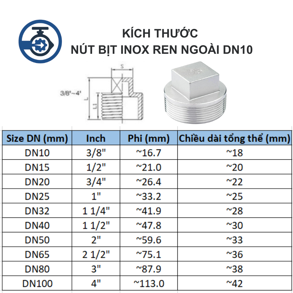 Nút bịt inox ren ngoài DN10 11 Kích thước Nút bịt inox ren ngoài DN10
