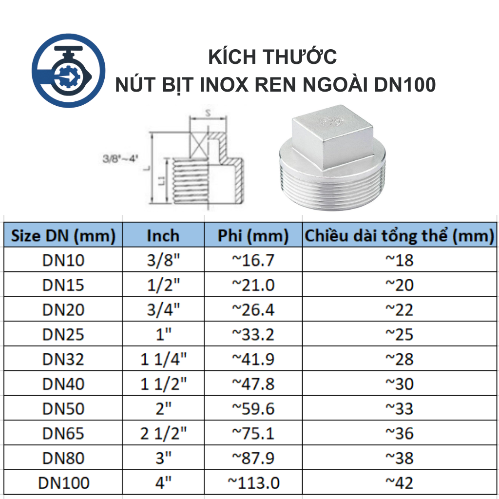 Nút bịt inox ren ngoài DN100 11 Kích Thước Nút bịt inox ren ngoài DN100