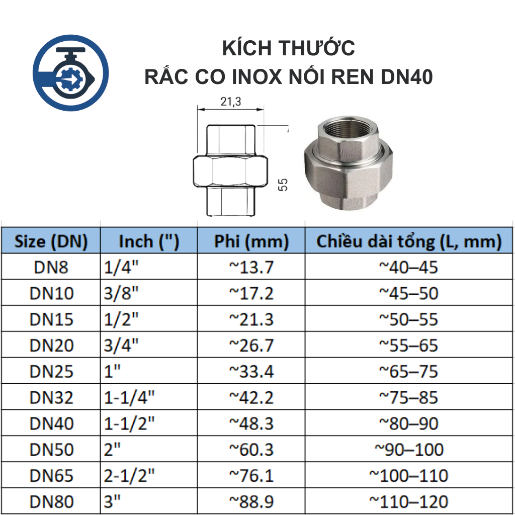 Rắc co inox nối ren DN40 11 Kích thước Rắc co inox nối ren DN40