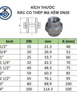 Kích thước Rắc co thép mạ kẽm DN20