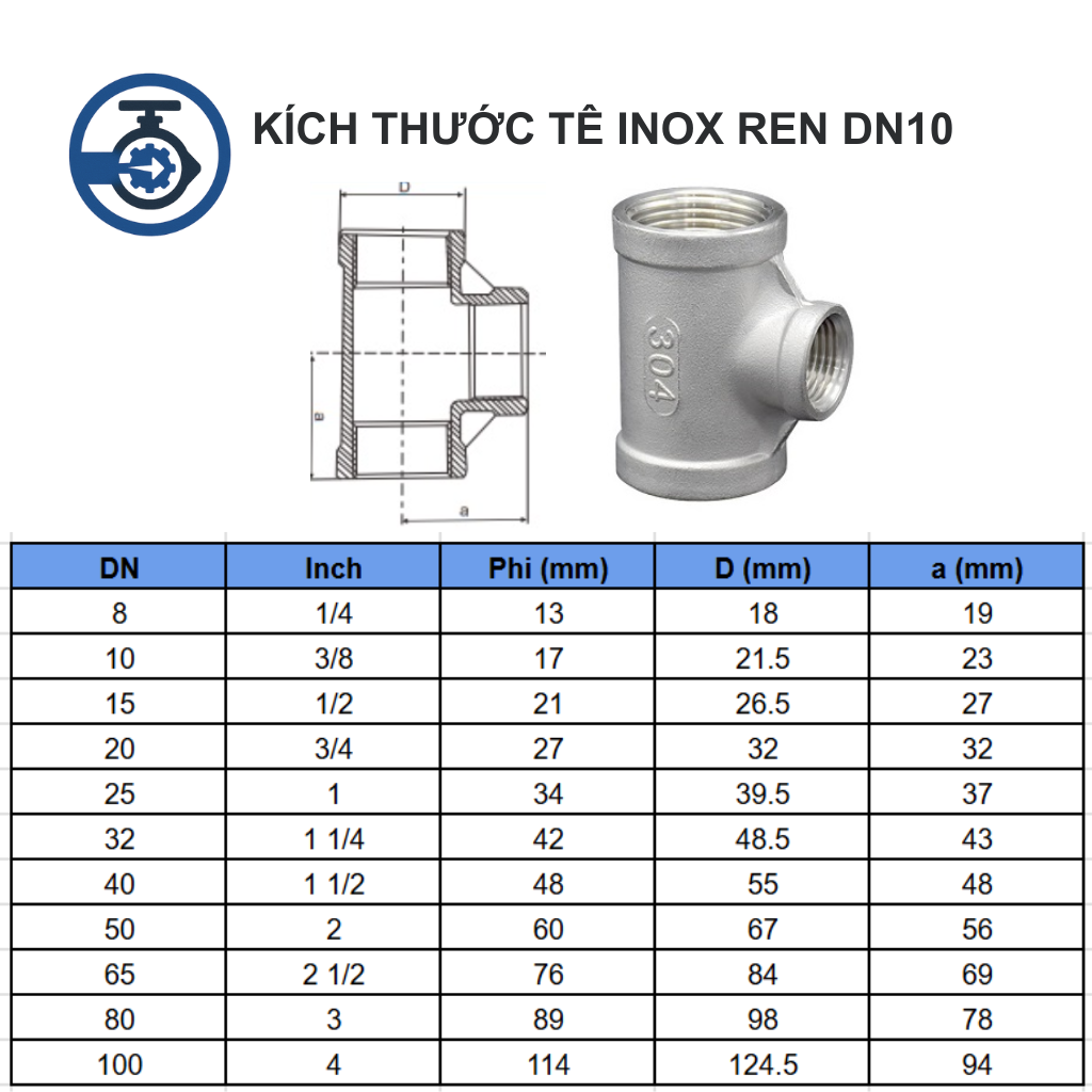 Tê inox ren DN10 (Phi 17 - 3/8